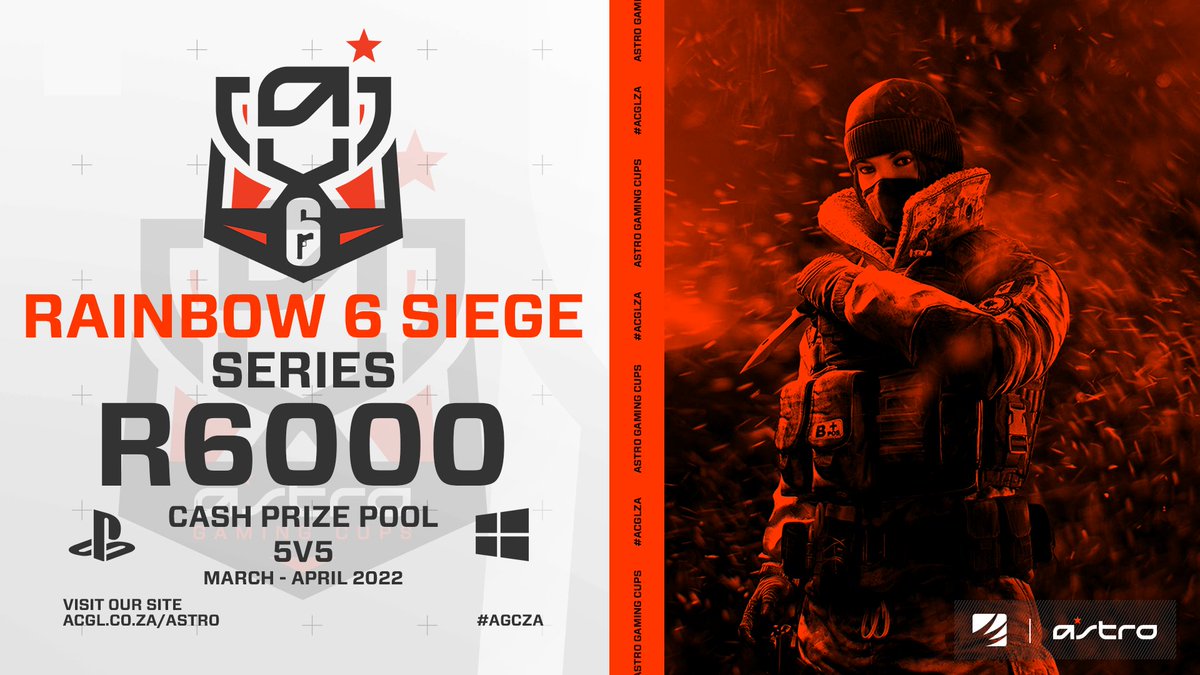 📝 Registrations are closing tonight for the #AGCZA #RainbowSixSiege Cash Series.

⚠️ Please note: we are aware of Wednesday's update. Matches can be delayed to post update.

🔗 acgl.co.za/astro

#GamingZA #gaming #SAesports #EsportsZA #esports #AfricanEsports #R6ZA