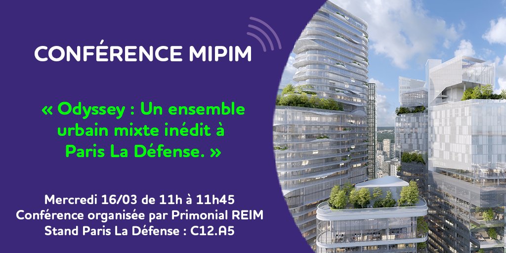 H-3⃣0⃣ minutes ! 
Rendez-vous à 11h sur le Stand C12.A5 pour assister à la conférence organisée par @PrimonialreimFR « #Odyssey, un ensemble urbain mixte inédit à #ParisLaDéfense » !
🔸Plus d’infos👉bit.ly/3LOQvzF

<a href="/studiogang/">Studio Gang</a> #MIPIM2022
