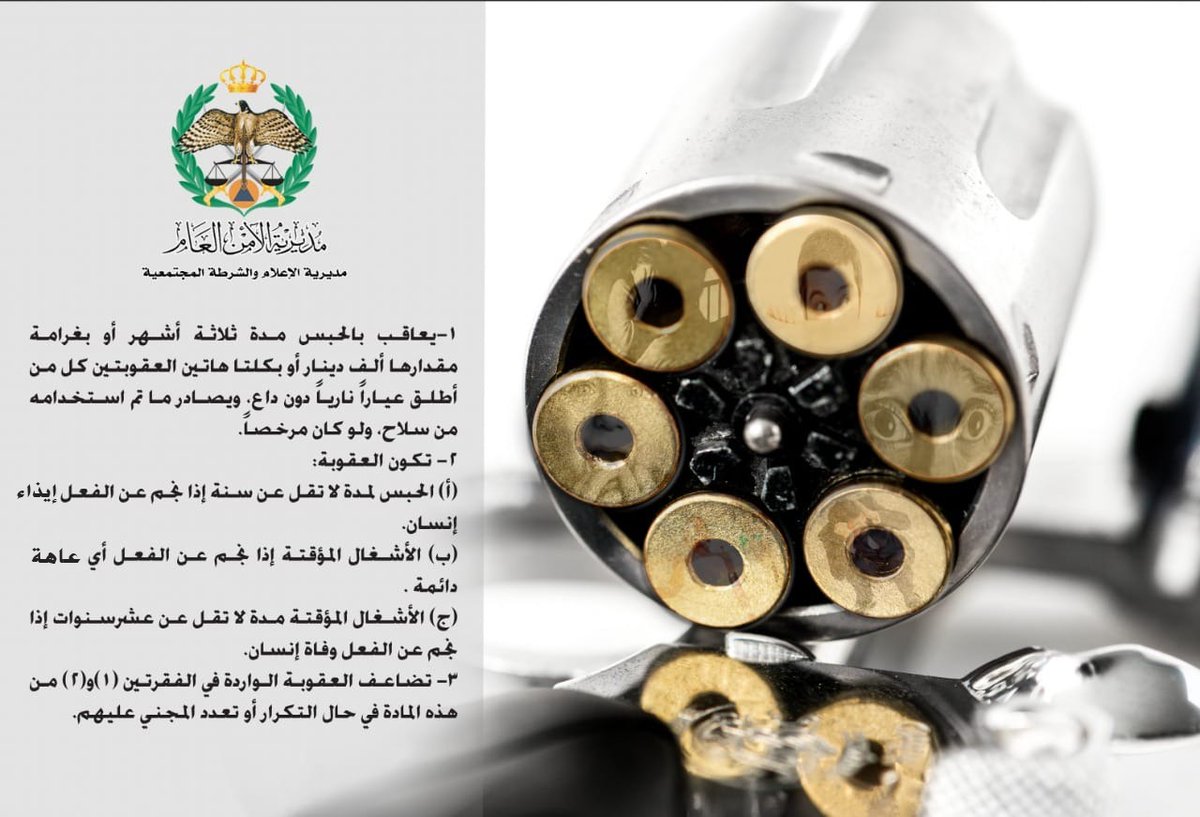 Police_Jo's tweet image. يعاقب بالحبس مدة ثلاثة أشهر أو بغرامة مقدارها ألف دينار أو بكلتا هاتين العقوبتين كل من أطلق عيارا نارياً دون داع، ويصادر ما تم استخدامه من سلاح، ولو كان مرخصاً

 #الأمن_العام #الاردن