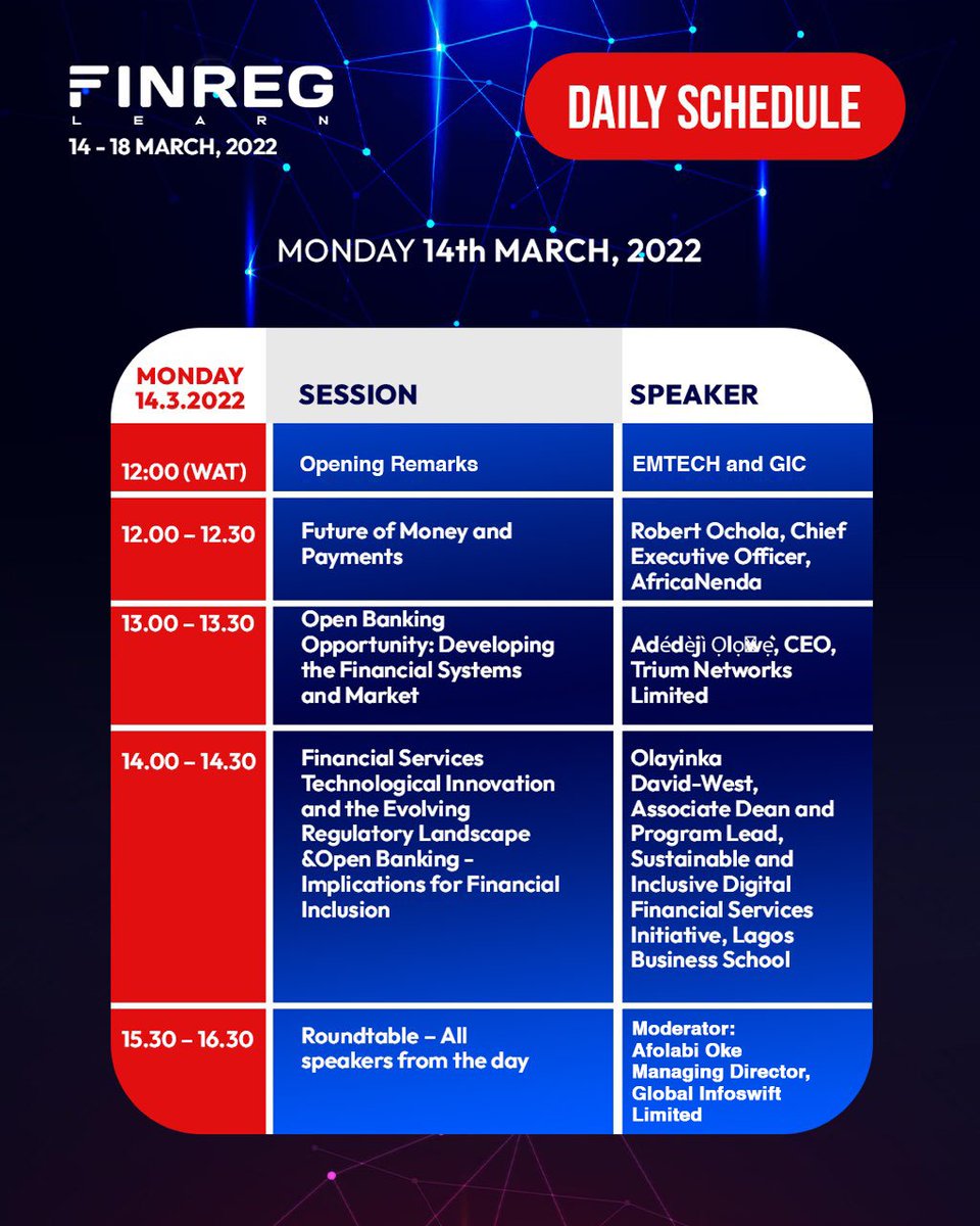 finreglearn's tweet photo. The most anticipated Virtual Capacity Program,  FINREG Learn, starts at 12;00 (WAT) today! Here are the session and speakers for Day 1.

Registration is still on at https://t.co/V8LvpeWBuw

#FinRegLearn #emtech #gic #CapacityBuilding #OpenBanking #whysandbox #CBDC #regulatory https://t.co/u3ICHwkHxn