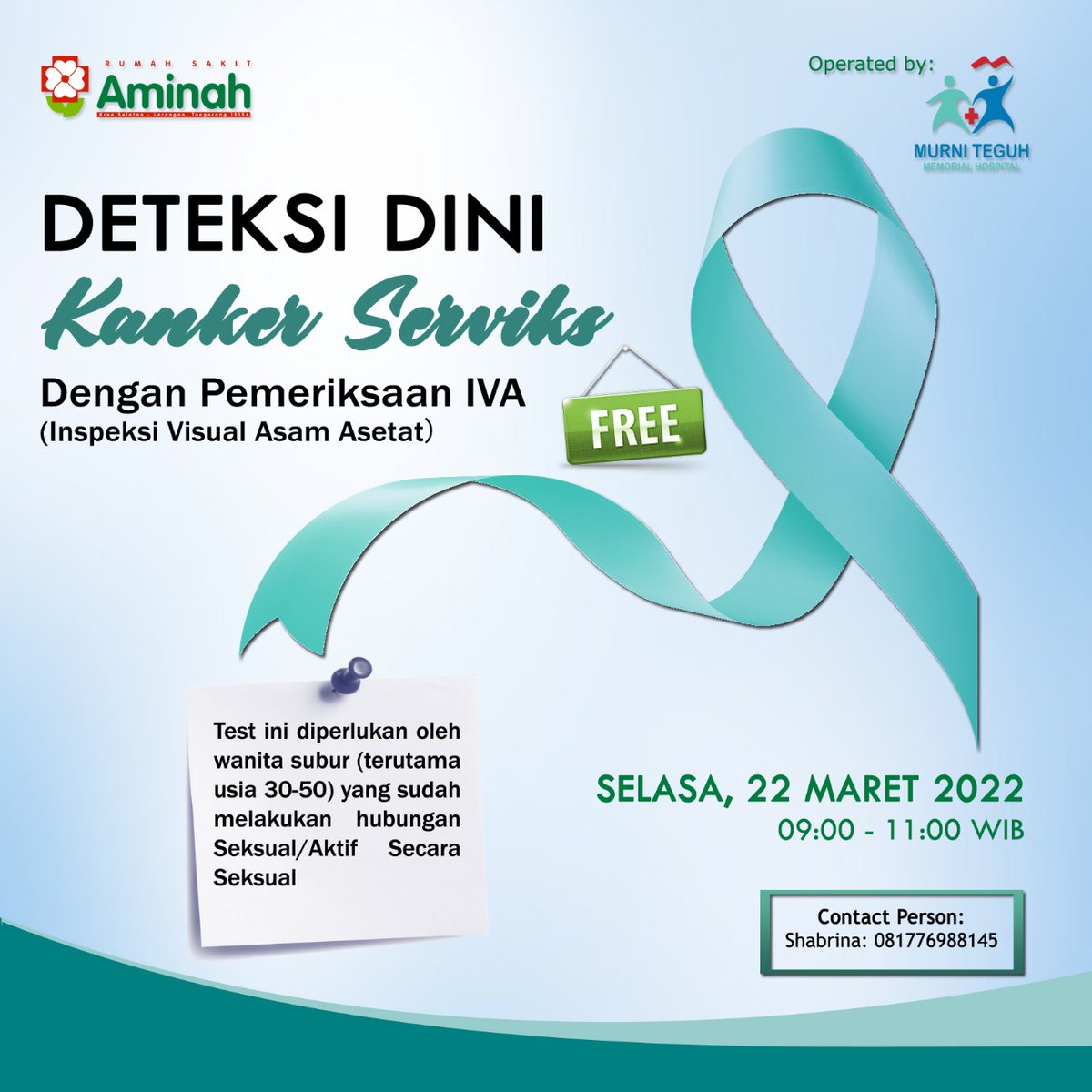 rsmurniteguhct's tweet photo. Deteksi dini Kanker Serviks dengsn pemeriksaan IVA.

Gratis !!

Lokasi : RS Aminah Ciledug
Jadwal : Selasa 22 Maret 2022 (09:00-11:00)

#MurniTeguh 
#MakeTomorrowMoreHealthy https://t.co/gTkncqzSLM