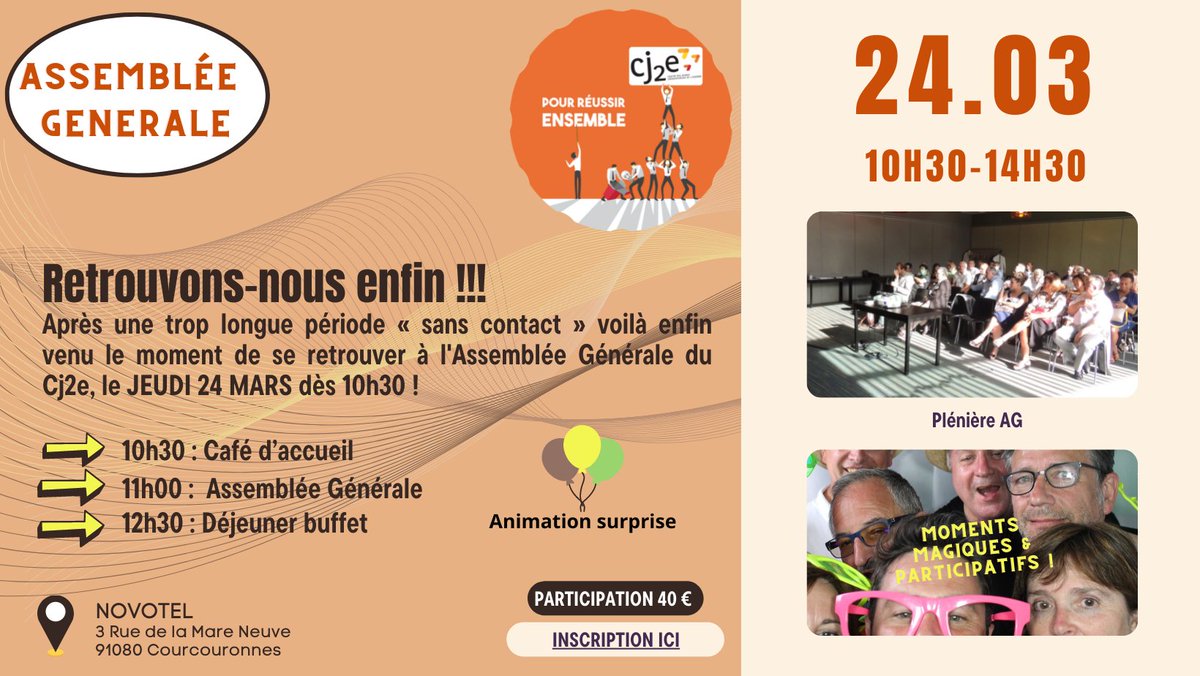 Assemblée Générale du Cj2e le 24 mars 2022 de 10h30 à 14h30 ! Au Novotel d'Evry ! Instants conviviaux &amp; magiques à prévoir !!! Lien d'inscription 🔽🔽 helloasso.com/associations/c….