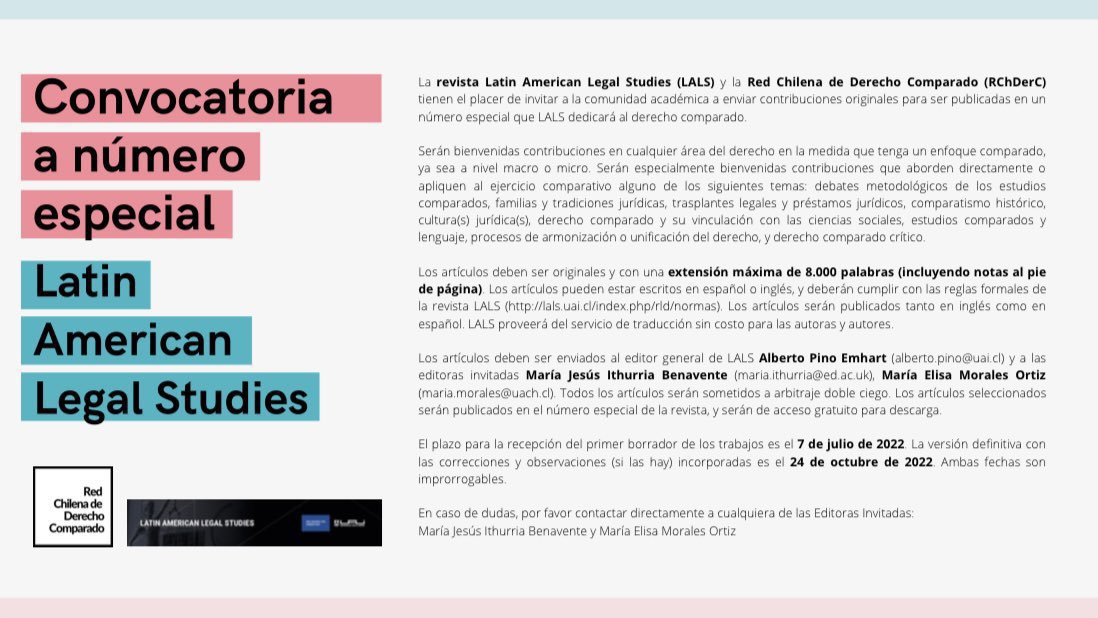 📌 CONVOCATORIA | Convocatoria abierta para número especial en la Revista Latin American Legal Studies dedicado a los estudios comparados de derecho. 

¡Agradecemos la difusión! <a href="/AlbertoPinoE/">Alberto Pino Emhart</a> <a href="/MaElisa_Morales/">MaElisa Morales</a> <a href="/mariaithurria/">María Ithurria</a>