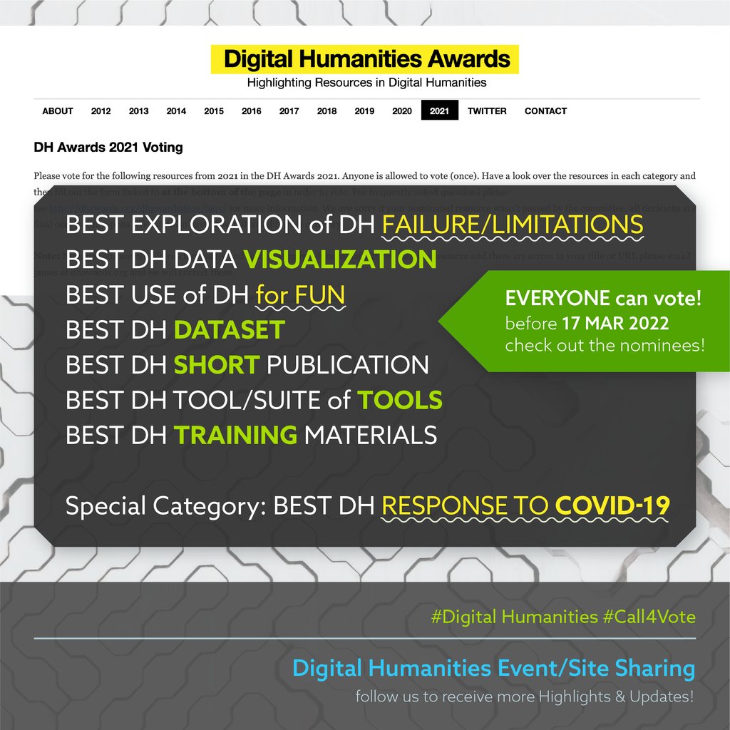 What are the best #DH responses to COVID-19❓🧐

[𝗗𝗛 𝗦𝗶𝘁𝗲/𝗘𝘃𝗲𝗻𝘁 𝗦𝗵𝗮𝗿𝗶𝗻𝗴💛]
Look at them here: bit.ly/3Jc0cqe

<a href="/dhawards/">DH Awards is on BlueSky</a> #digitalHumanities #DataVisualization #Dataset #COVID19