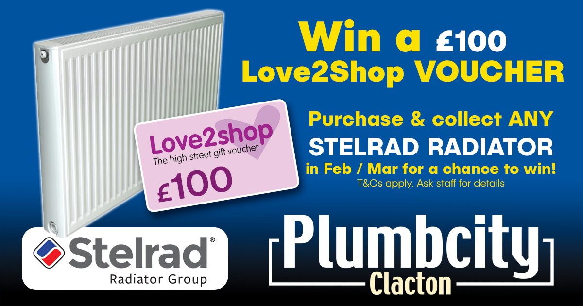 Win a £100 Love2Shop voucher at Plumbcity Clacton. Just purchase ANY Stelrad radiator in Feb or March to enter their prize draw for a chance to win. Ask staff for more details. #Radiators #Heating #Freebie