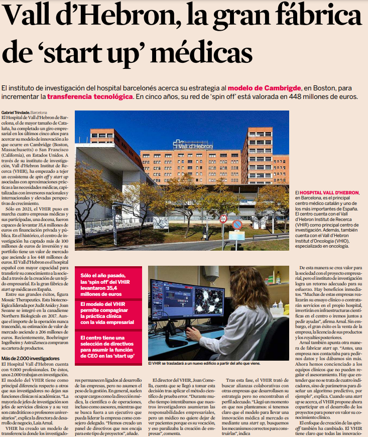 biocat_es's tweet photo. 📰 #MosaicBiomedicals, #Mimark, #Modis, #Endolipid, @imidomics, @anaconda_biomed: el hospital @vallhebron, la gran fábrica de #startups médicas.
✅ Ha captado más de 100 M€ de inversión y su red de #spinoff está valorada en 448 M€.
👇 Hoy en @expansioncom. https://t.co/2XLNzpLM5q
