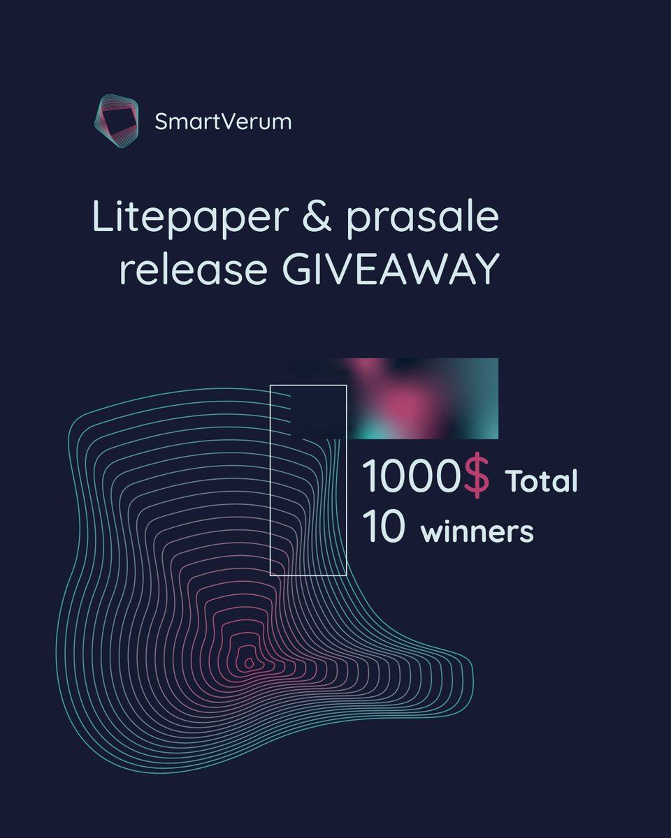 SMARTVerum's tweet photo. 🎁Presale &amp; Litepaper release GIVEAWAY🎁

Big time has come!💫

💸 1000$ Total
🏆 10 winners

✅ Follow @smartverum
✅ Like &amp; RT
✅ Tag 2 frens with #smartverum tag
✳️ Join our discord server https://t.co/DAeD4vLdVE 

⏰END: 21/03 
#token #presale #giveaway https://t.co/N6RScLoLNe