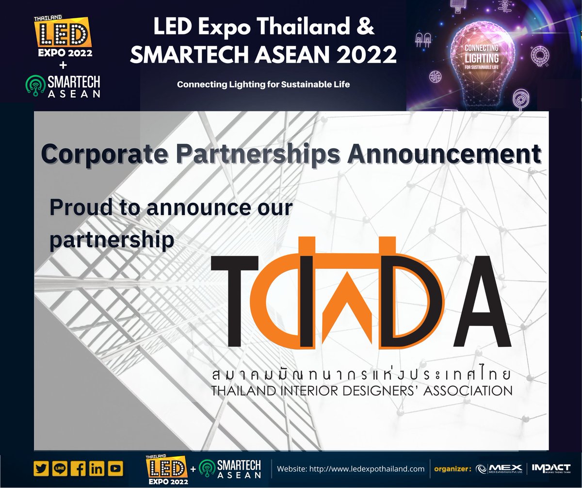 lightdesignexp's tweet image. PARTNERSHIP ANNOUNCEMENT:
TIDA Thailand Interior Designers' Association

We are proud to announce a new partnership with the Thailand Interior Designers' Association to become a corporate partner with LED Expo Thailand and SMARTECH ASEAN 2022 

#LEDExpo2022 #LEDIndustry