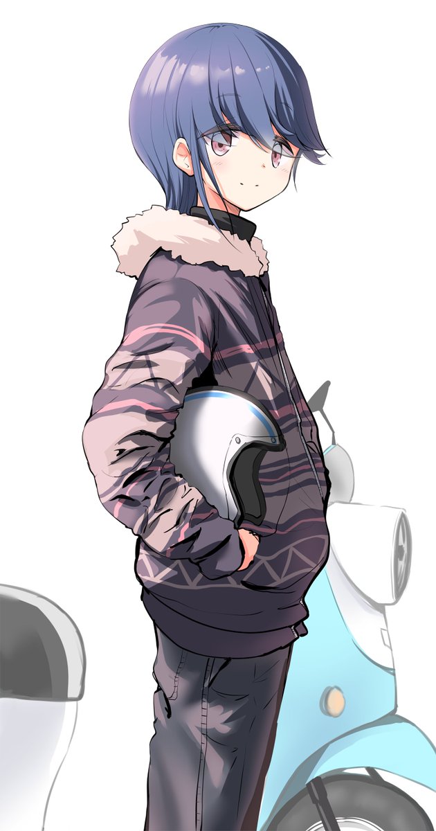 shima rin 1girl solo white background blue hair helmet pants smile  illustration images