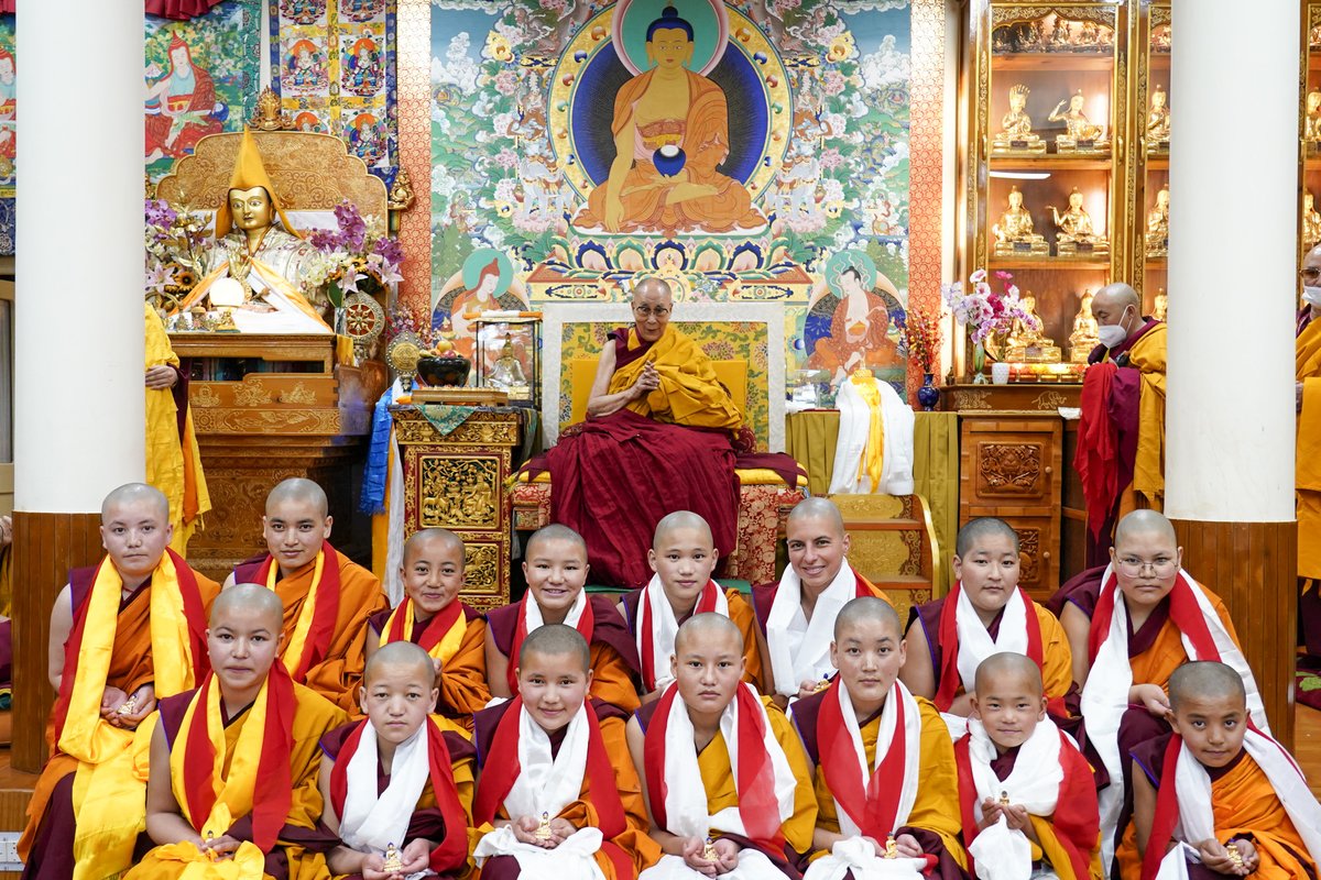 DalaiLama's tweet photo. HHDL taking a group photo with newly ordained novice nuns at the conclusion of the ordination ceremony at his residence in Dharamsala, HP, India on March 14, 2022. (Photo by Ven Tenzin Jamphel) https://t.co/1Vwjm4kNY5