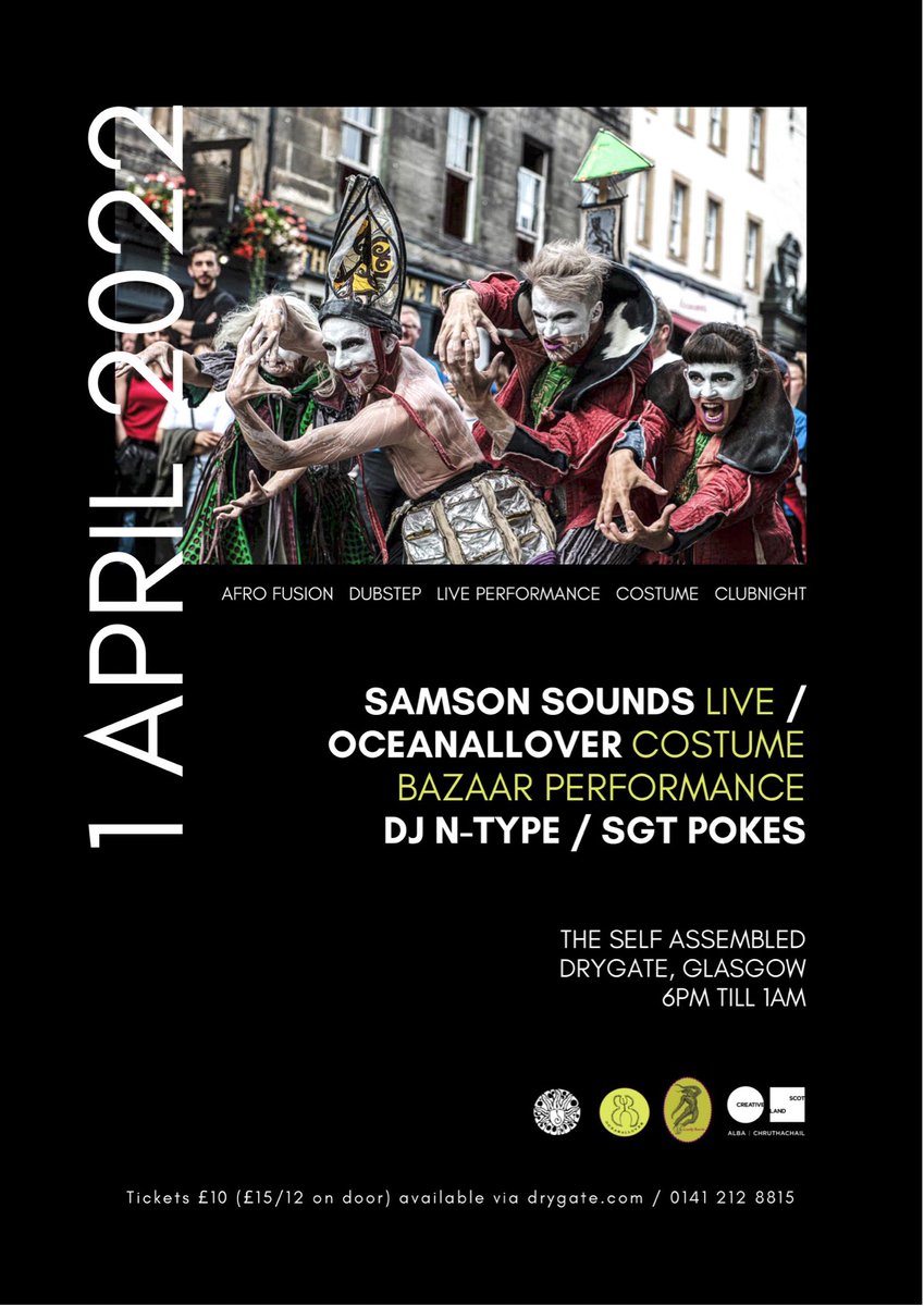 oceanallover's tweet photo. Join us at @drygate for The Self Assembled: an immersive medley of costume and performance celebrating the wondrous work of Oceanallover with music from #SamsonSounds, electronic beats by DJ N-TYPE and a curated club-night by #dubstep legend SGT Pokes. https://t.co/p7PrFgbqrr https://t.co/KSVR6OrlRl