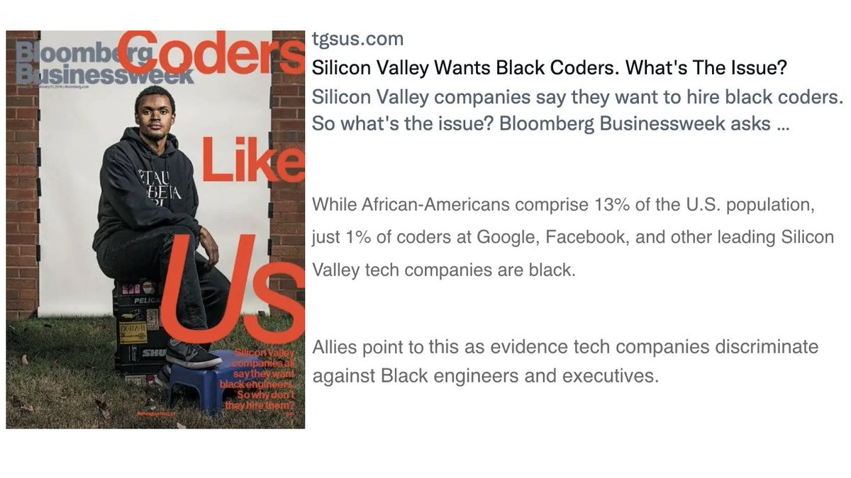 This article asks the right question and answers it in a very pointed fashion!

Silicon Valley Wants Black Coders. What's The Issue? | The Good Search tgsus.com/?p=398 via <a href="/TheGoodSearch/">The Good Search, LLC</a>