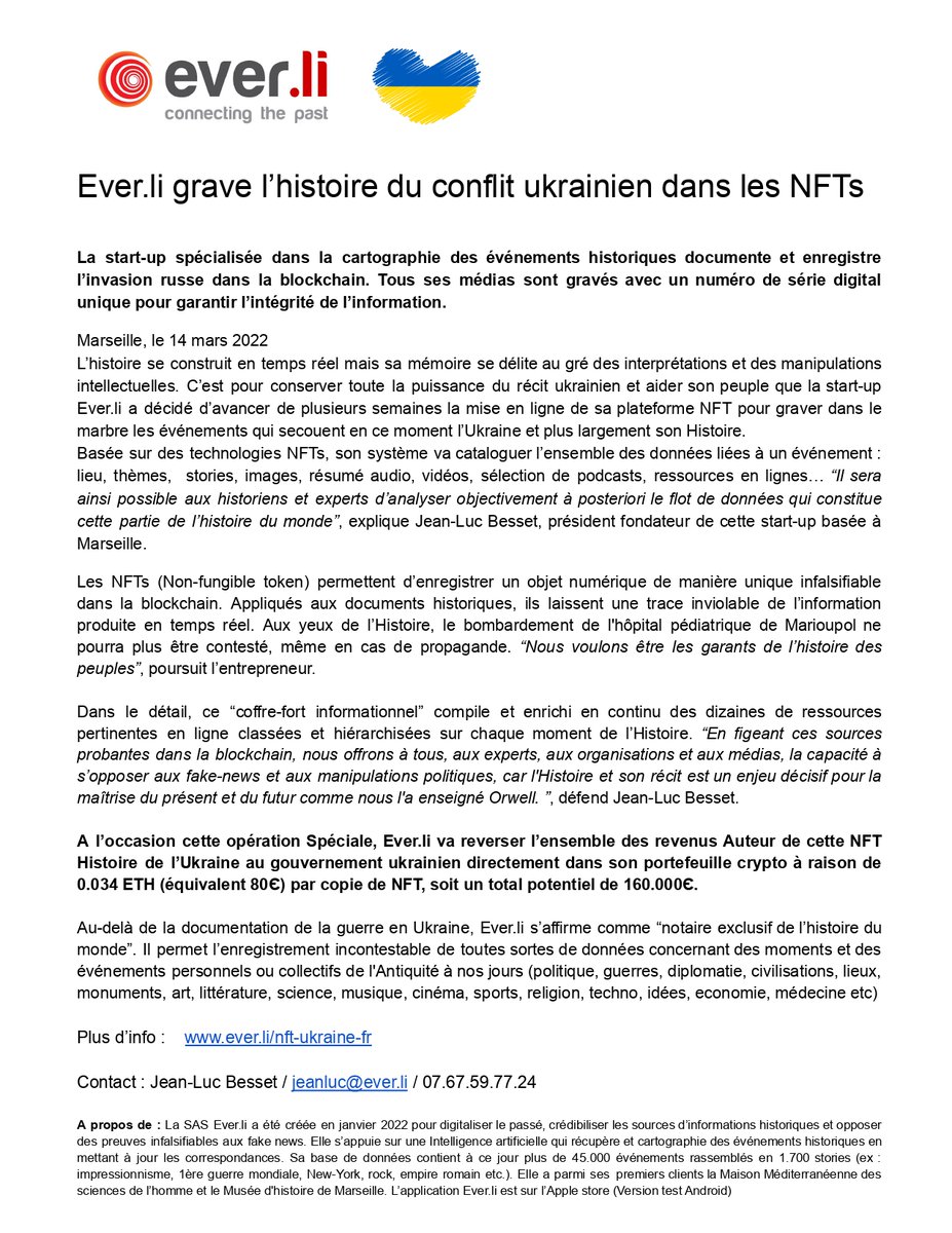 📰[#ACTU] @Everlinews a créé un #NFT Histoire de l' #Ukraine afin de mobiliser tous les passionnés d’#Histoire et aider le peuple Ukrainien ! 

👐100́% des revenus créateurs seront reversés en ETH au gouvernement Ukrainien !

❓Pour en savoir + : vu.fr/vCFF