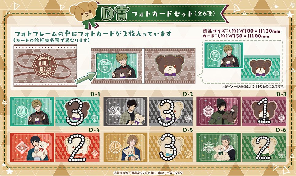 【交換・譲渡】ワールドトリガー ワートリ くじメイト
譲:画像参照(犬飼、辻、影浦、隠岐、王子、村上)
求:B-3 アクスタ 影浦、C-7 缶バッジ 犬飼、C-9 缶バッジ 影浦　定価＋送料
身内代理。求むは各1のみ探しております。譲渡は交換決まり次第、まとめての取引優先とさせて頂きます。