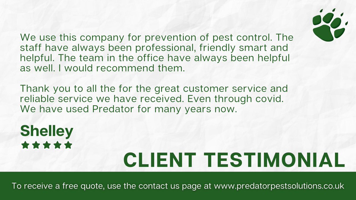 predatorlondon's tweet photo. We love a client review, especially from a long term client!

So if you want a great experience with a pest control company like Shelley, then get in contact with Predator today. 👇

📞 0800 112 3480
✉️ info@predatorpestsolutions.co.uk

#pestcontrolservice #londonbusiness #bpca https://t.co/120pFT7w7g