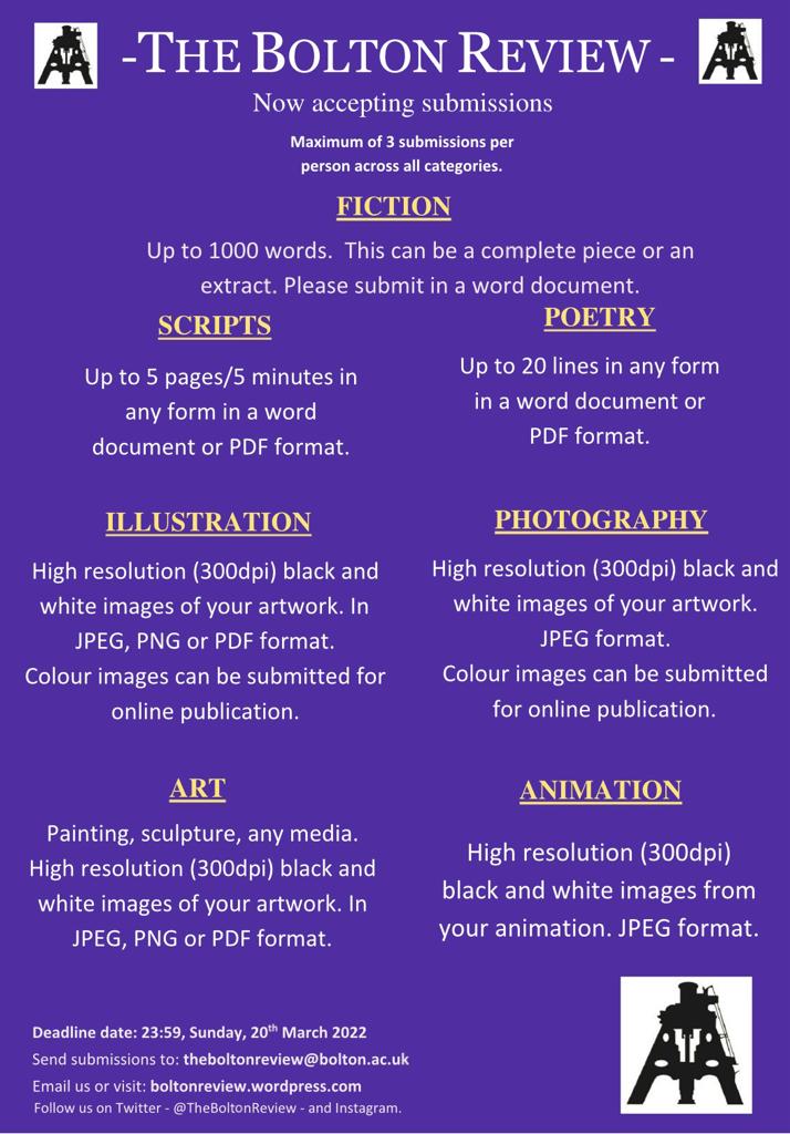 TheBoltonReview's tweet photo. FIVE DAYS TO GO!!! till submissions close  for the 10th edition of The Bolton Review. 
We are accepting Scripts - Fiction - Poetry - Flash writing - Art - Illustrations.
The only criteria is that you live or work in Bolton. https://t.co/Jbz3zIByrK