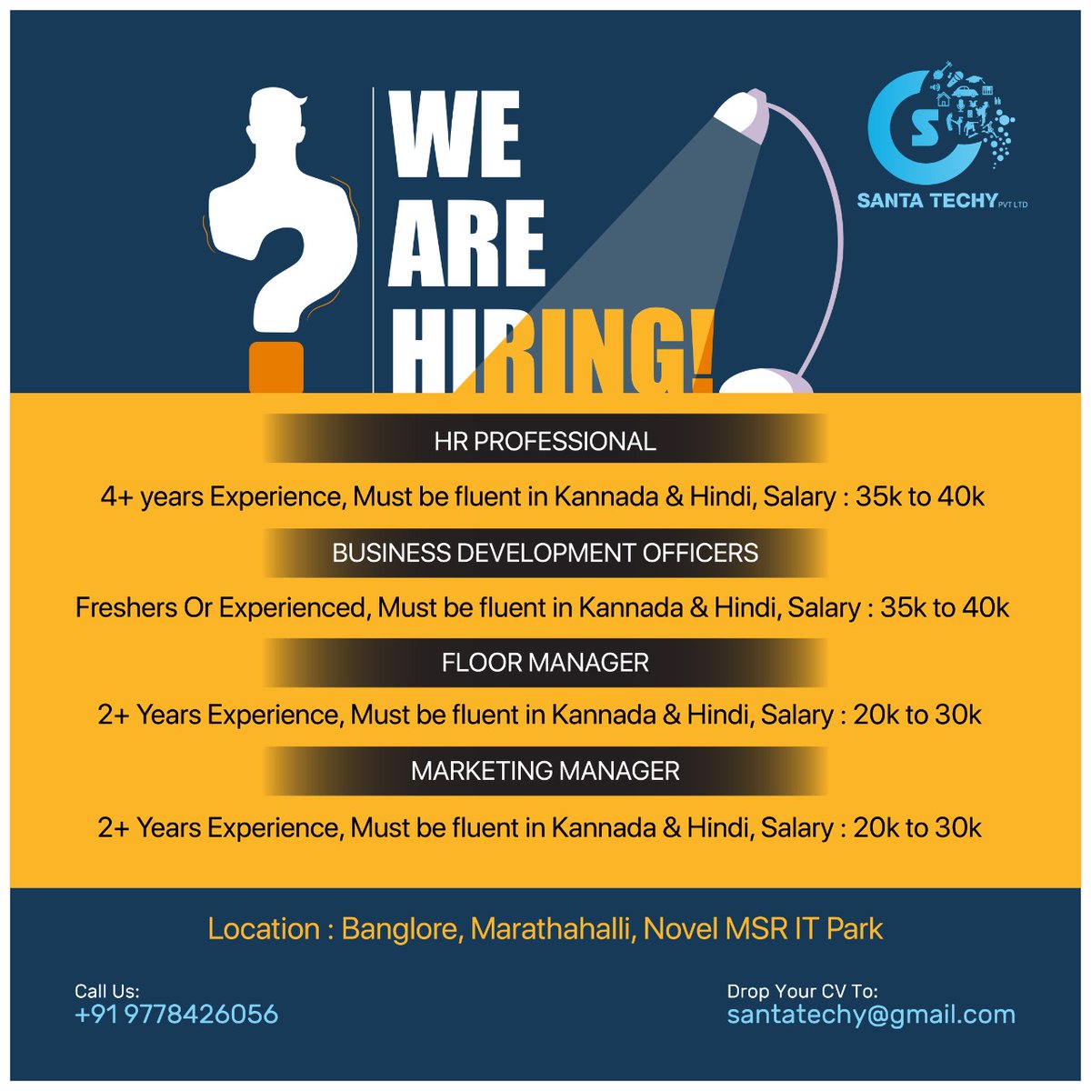 santa_techy's tweet photo. We are hiring for multiple positions in our company. Interested candidates, send your resume to our Email.
Email:santatechy@gmail.com
Call us : +91 9778426056

#wearehiring #jobopportunity #santatechys https://t.co/ATq33TqHYV