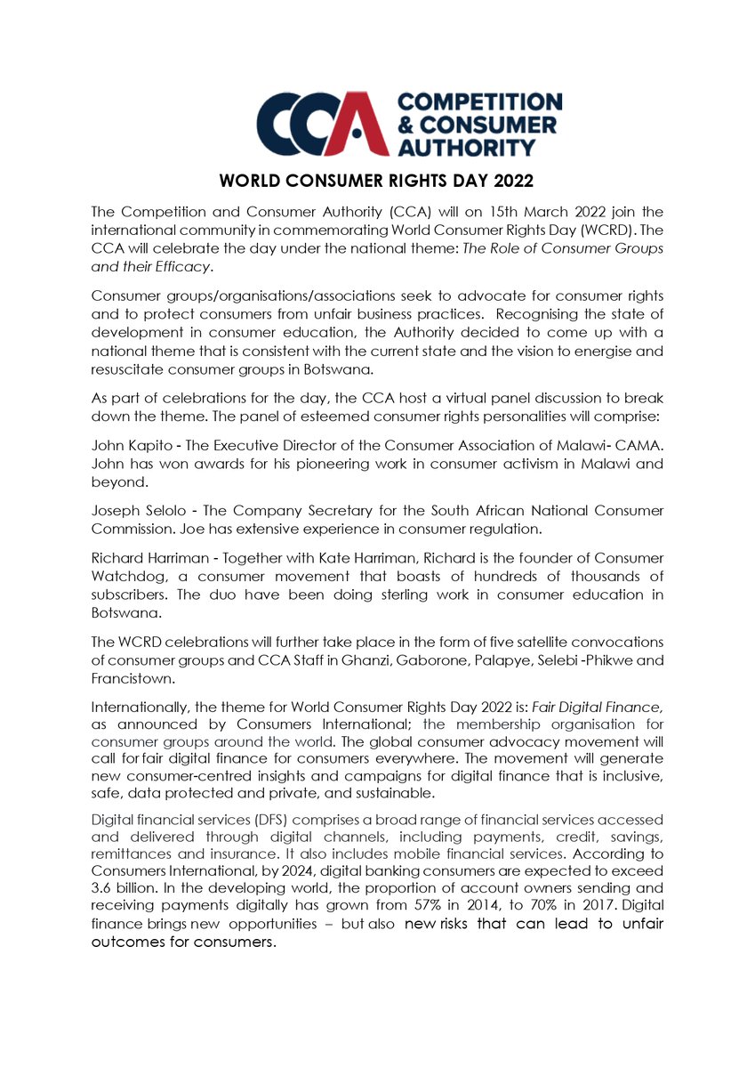 CCABotswana's tweet photo. CCA celebrates World Consumer Rights Day tomorrow with a spotlight on consumer groups. #WorldConsumerRightsDay #worldconsumerrightsday2022 #WCRD2022 #consumergroups https://t.co/BafqF0UZoZ