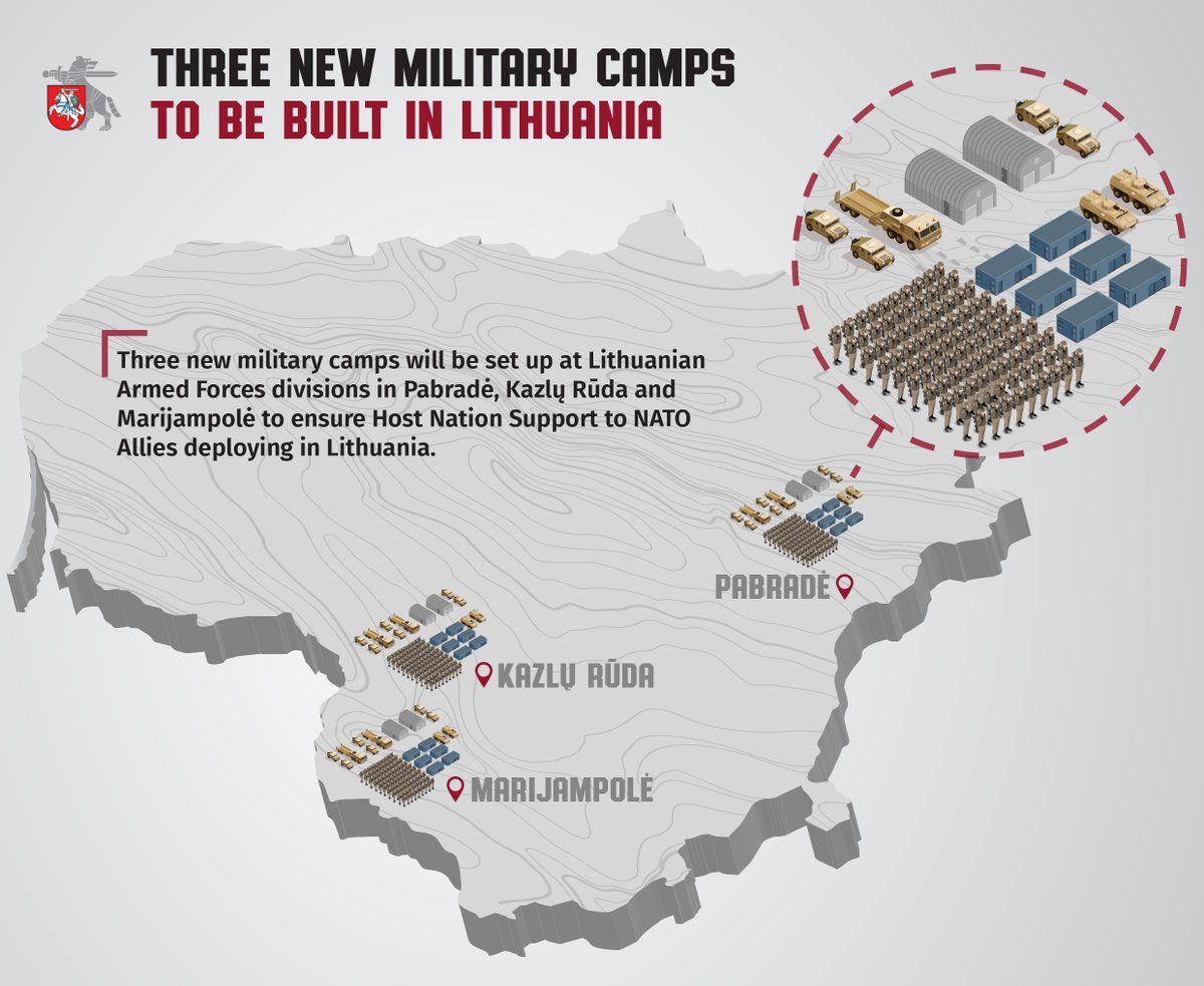 Lithuanian_MoD's tweet photo. As a result of the shifts in geopolitical situation, NATO is sending thousands of additional troops to the eastern part of the Alliance. We will create three new military camps to host our Allies in Lithuania: reinforcements will be welcomed in Pabradė, Kazlų Rūda &amp; Marijampolė. https://t.co/vUd7drA62e