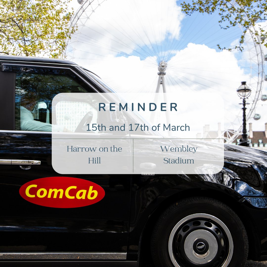 ComCabLondon's tweet photo. Reminder🚨
ComCab London will be at the Harrow on the Hill Station Rank (March 15th) and Wembley Stadium (March 17th), for a Recruitment day! 🤝
Come along and hear all about the amazing perks, rewards, discounts, and more!🏆
Already a member? Come along anyway! 👏 https://t.co/IQWGqnuSzw