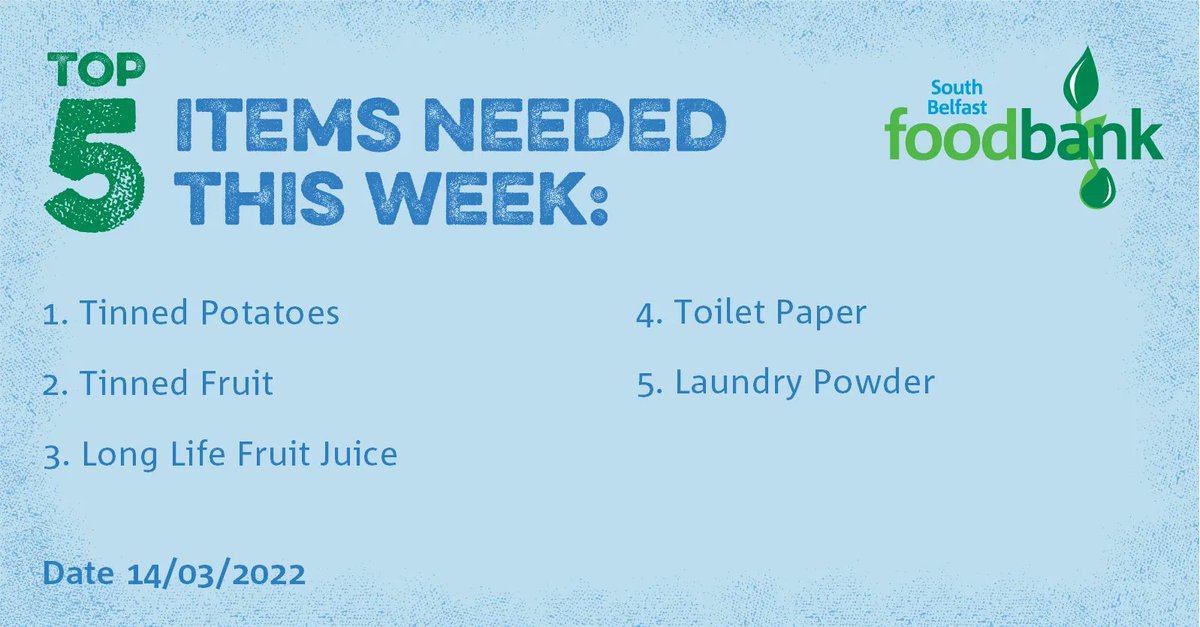 SouthbelfastFB's tweet image. Our MOST NEEDED ITEMS for this week: 
If you have any shopping bags too - the stronger the better please.
Please share.
#MOSTNEEDEDITEMS