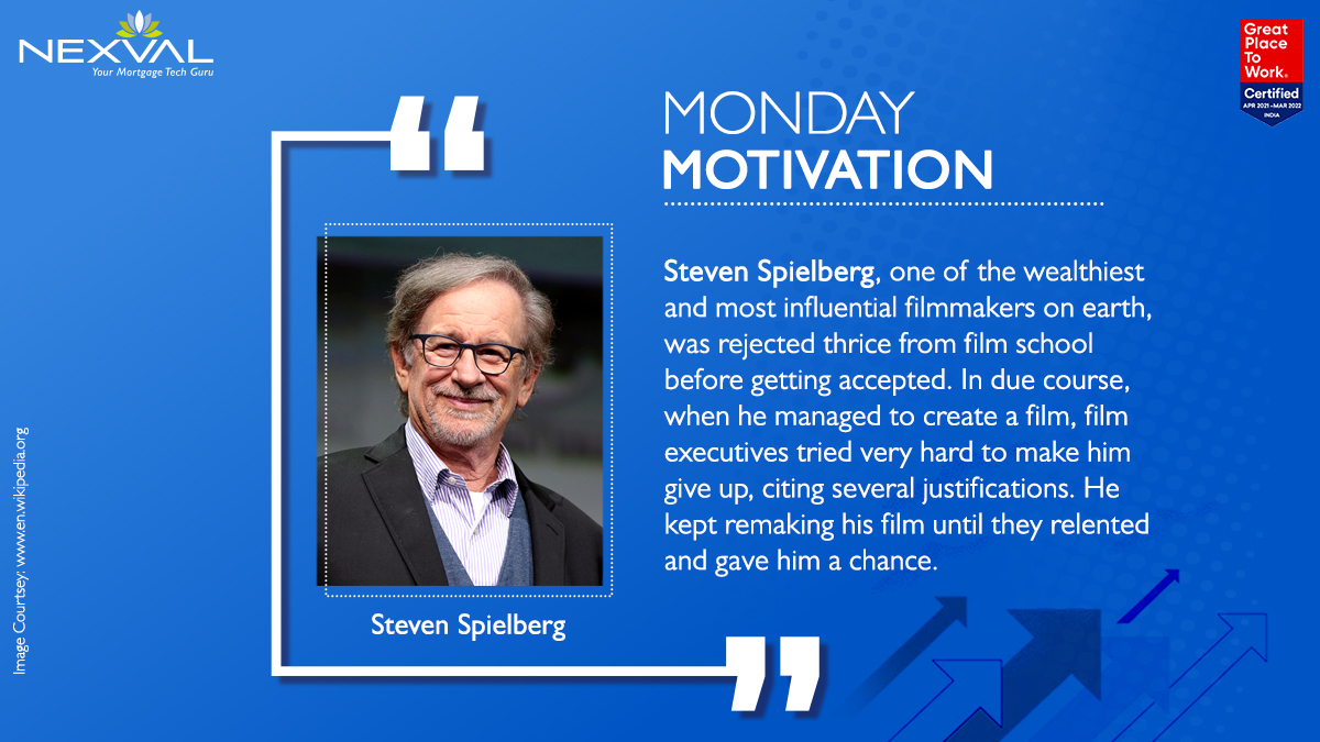 nexval_infotech's tweet photo. The inspirational success story of Steven Spielberg is worth learning. It reveals that if you continue knocking on the door of opportunity with utmost determination, it will open for you one day.
#MondayMotivation #MotivationMonday #StevenSpielberg #Filmmaker #Nexval https://t.co/QPTY1LFHWR