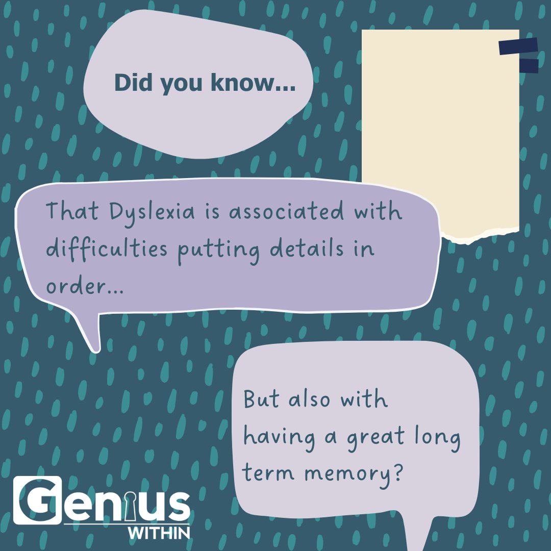 geniuswithinCIC's tweet photo. Did you know that #Dyslexia is associated with difficulties putting details in order, but ALSO with having a great long term memory?

#SpikyProfile #Strengths #Challenges #Dyslexic #Neurodivergent #Neurominority #Neurodistinct https://t.co/ttraXCBDoh