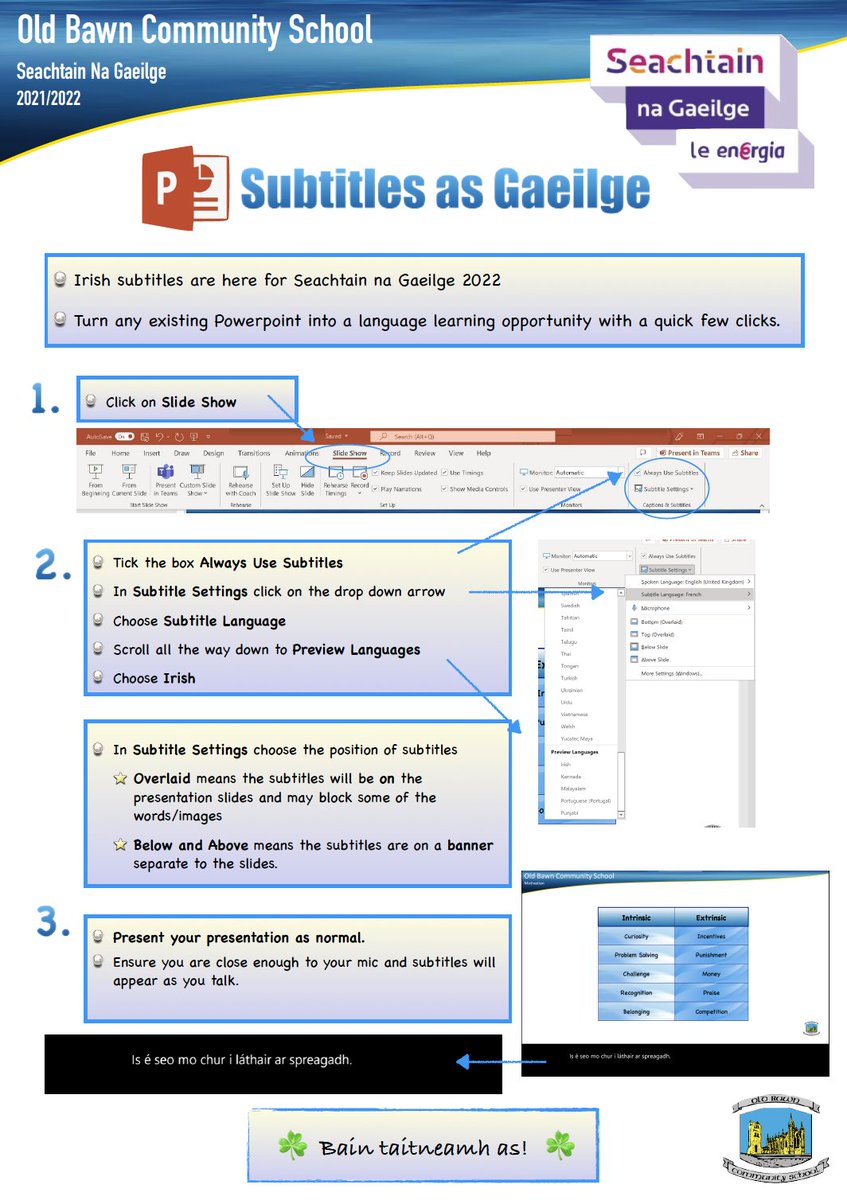 For the remainder of #snag22 @OldBawnCS have a whole school approach to increasing exposure to the Irish language in each class. A very simple few clicks on @powerpoint and you can now include Irish subtitles on all existing presentations.