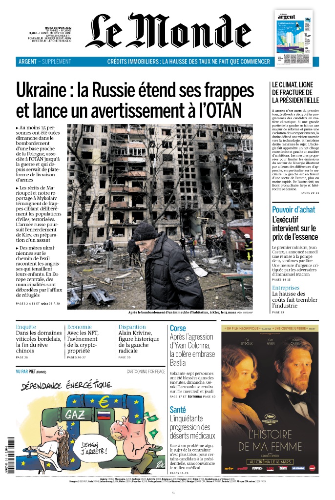 #ALAUNE

 ➡ #Ukraine : la Russie étend ses frappes et lance un avertissement à l'OTAN
➡ Pouvoir d'achat : l'exécutif intervient sur le prix de l'essence
➡ Le climat ligne de fracture de la #Présidentielle2022

Voici la une du « Monde » bouclée à l'instant.