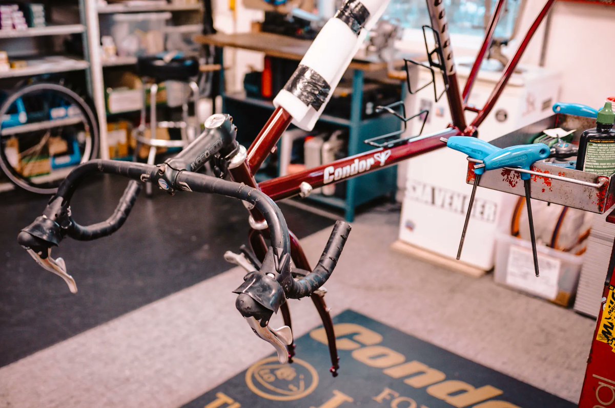 A 1990s era Condor Italia being given TLC and a refurbishment by our workshop team today. It has had a respray, now to rejuvenate Campagnolo Veloce components.