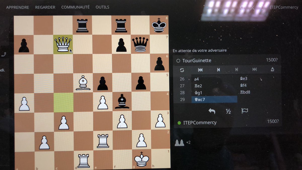itepcommercy's tweet photo. @GuinetteTour Bonjour, nous avons passé un bon week-end et vous ? Nous prenons le pion en c7. #Partie #Quotichess https://t.co/L0EHPveXn5
