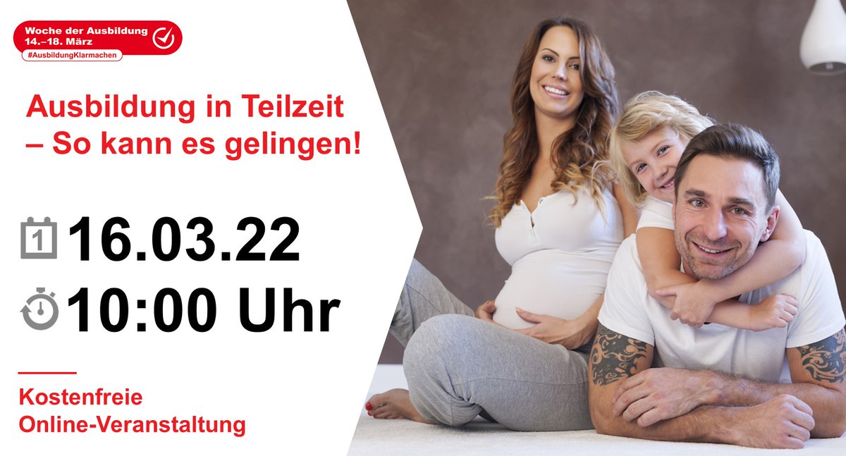 Es gibt viele Gründe für eine #Ausbildung oder #Umschulung in #Teilzeit - Die zukünftige Basis bildet immer eine "qualifizierte Ausbildung" 👍

Infos zu Rahmenbedingungen und Möglichkeiten der Gestaltung gibt es 16. März online hier
 👉 bit.ly/3I7Q3d2  #Chancengleichheit