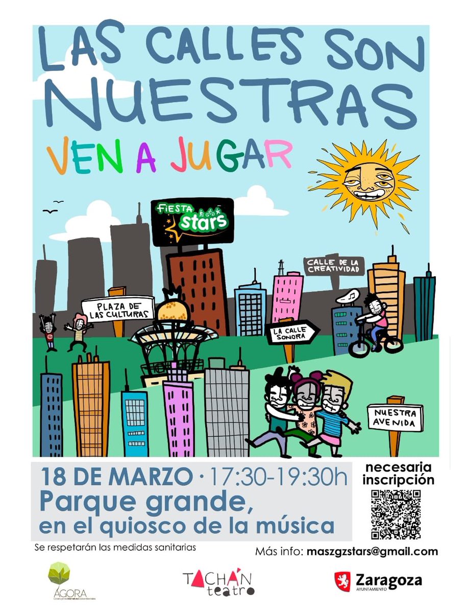 💪 ¡Las calles son nuestras! 🪀🪁 ¡VEN A JUGAR! El próximo viernes 18 de marzo, en el quiosco de la música del Parque Grande, de 17:30 a 19:30. 📝 Inscripción previa escaneando el código QR. 😃 Se respetarán las medidas sanitarias vigentes. ⭐ ¡ÚNETE A LA FIESTA STARS!