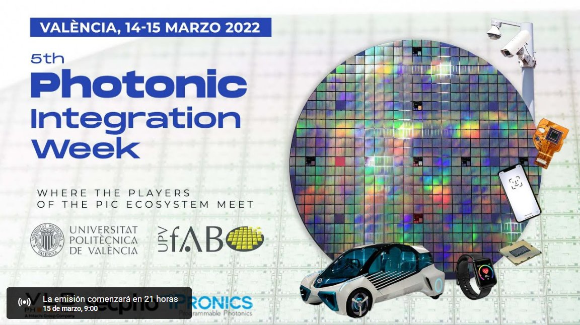 upvpiclabs's tweet photo. The #PhotonicIntegrationWeek is here!
✅ This evening the welcome reception of the event will be held from 19:00 h, and tomorrow the presentations of the experts in #integratedphotonics will start at 9:00 h.
📹 You can follow it online here: https://t.co/TVVRd9Vl4j https://t.co/lTIVi1jPPD