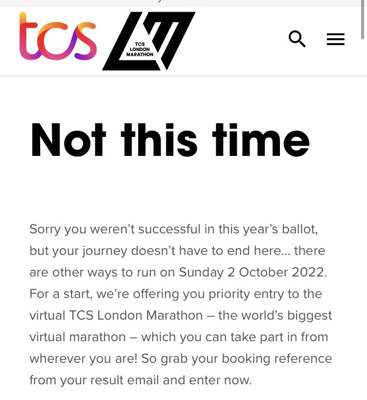RunnerRubbish's tweet photo. Not this time, or any of the previous 16 years I’ve applied… 😢🏃🏻‍♂️ #notthistime #londonmarathon https://t.co/MRvCqILZvN