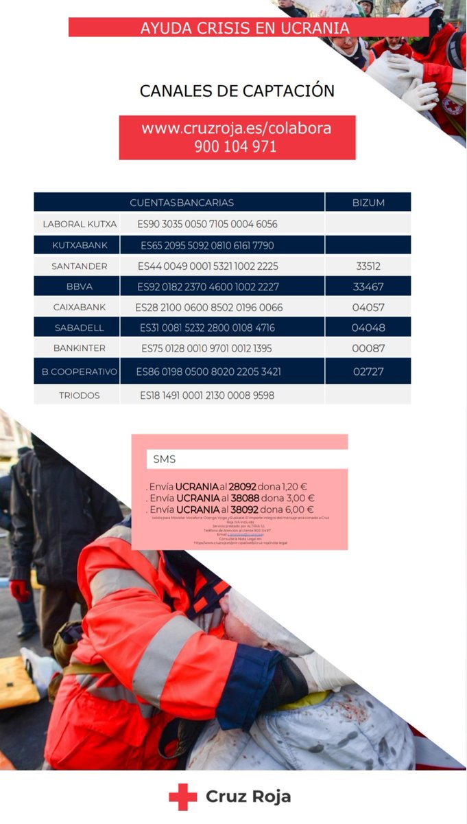 CruzRojaGip's tweet photo. #Ucraina 
👉Hauek dira Ukrainako krisian laguntzeko bideak 👇
👉Estas son las vías para colaborar en la crisis de Ucrania👇
#CruzRoja #EnTodasPartes https://t.co/TUBI2I7QyI