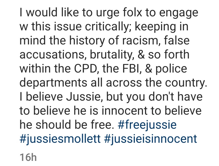 CocoWiggy's tweet photo. Well said 👏🏾

And I urge some of y'all to see what is really going on...

#FreeJussie #JussieSmollett #CookCountyJail #JudgeJamesLinn #DanWebb #KimFoxx https://t.co/MpaTqpY1nF