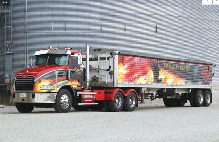 FarmShow's tweet photo. Dylan Mercier’s idea of painting his semi-tractor bright red and wrapping his grain trailer in a flaming fire rescue scene has lit up social media. #semitractor #graintrailer #firerescue #wrapping #diecast https://t.co/dVIiaVXenh https://t.co/TKXbPBu6Wc