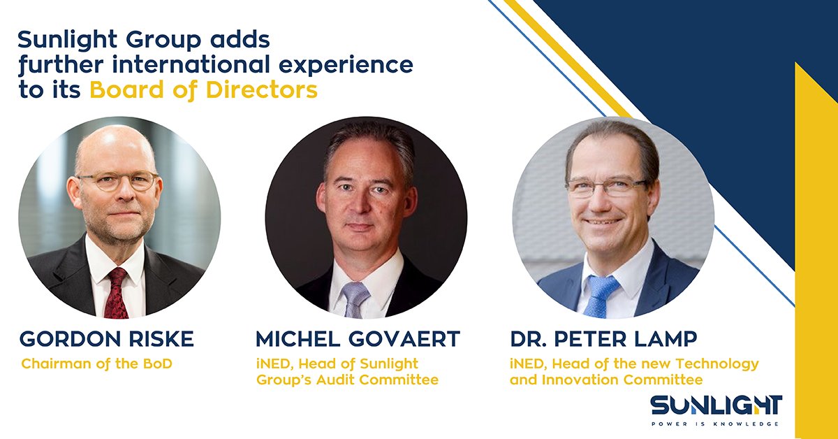 SunlightESS's tweet photo. Honored to present our new BoD, as Sunlight Group adds further international experience and expertise from the business and the energy sector: Gordon Riske joins as Chairman of the BoD, Michel Govaert and Dr. Peter Lamp as iNEDs (the latter as of 5/2022).
#PowerIsKnowledge https://t.co/KaA3eLlCot