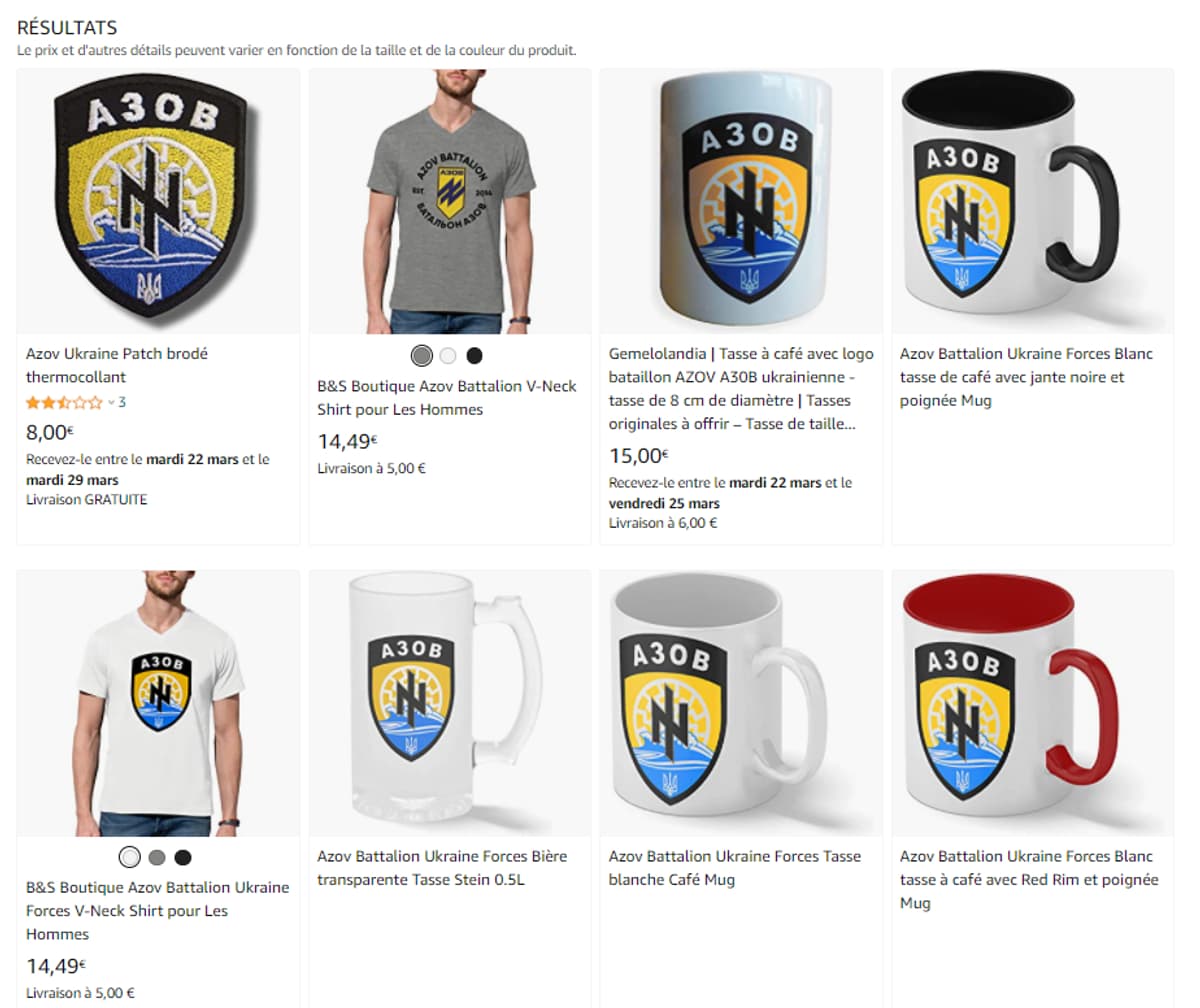 Mediavenir's tweet photo. 🌐🇺🇦 FLASH - Amazon France propose des produits aux couleurs du régiment Azov, un groupe néonazi qui combat aux côtés des forces ukrainiennes face à la #Russie. (BFMTV) #UkraineWar #Ukraine️ https://t.co/LfccvetwEP