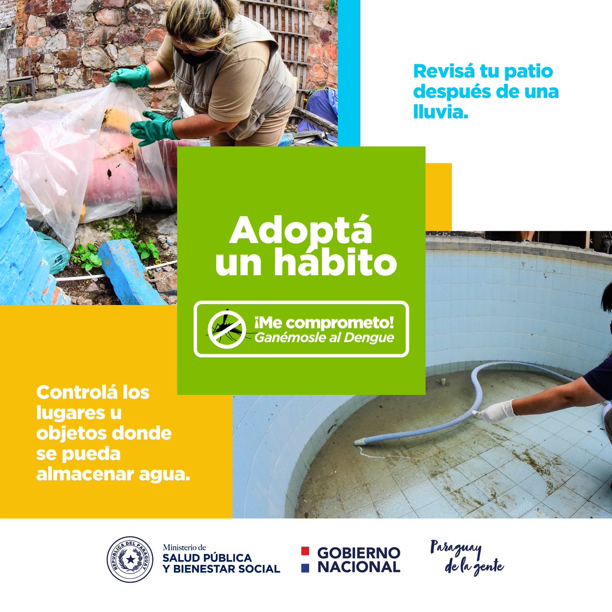 🦟 | Después de la lluvia revisá que en tu patio que no haya agua estancada en registros, canaletas y otros lugares que puedan ser potenciales criaderos de mosquitos.

Con tu compromiso avanzamos a hacia un Paraguay libre de Dengue. 

#MeComprometo  #PySinDengue 🇵🇾