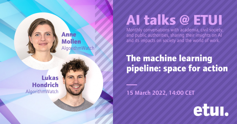 APonceETUI's tweet photo. Tomorrow! join the 𝐀𝐈 𝐓𝐚𝐥𝐤𝐬 @ 𝐄𝐓𝐔𝐈 with @AnMollen and @lukashondrich from @algorithmwatch. We will discuss the #ML pipeline and the space for action. 

R͟egister: https://t.co/Oqe8UERDPH https://t.co/Y65hHLWYhR