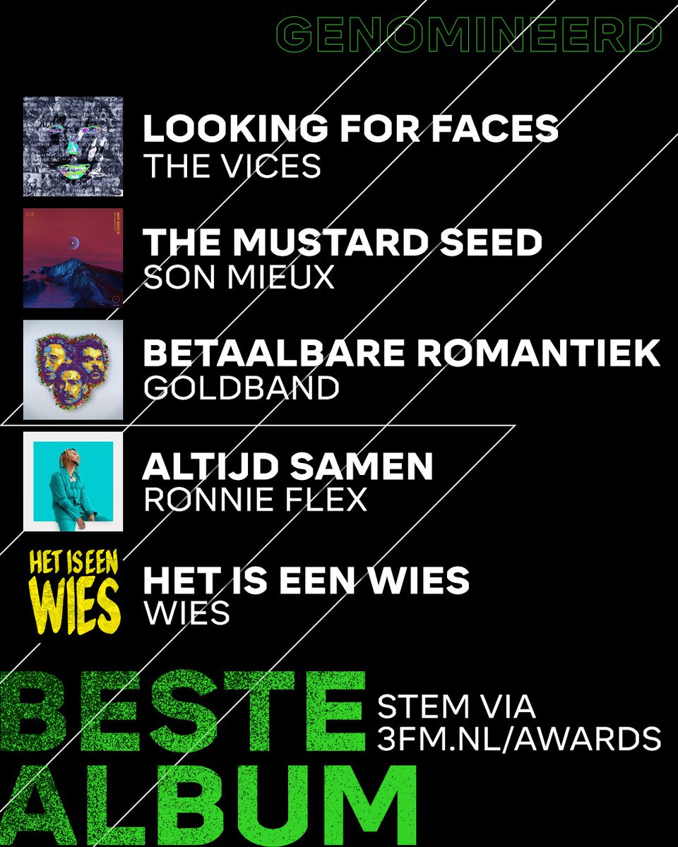 3FM's tweet image. Wie maakte dit jaar het 'Beste Album'? De keus is aan jou! 🙌

→ Vandaag maken we alle genomineerden bekend en kun je aan het eind van de dag ook weer stemmen. #3FM #3FMAwards