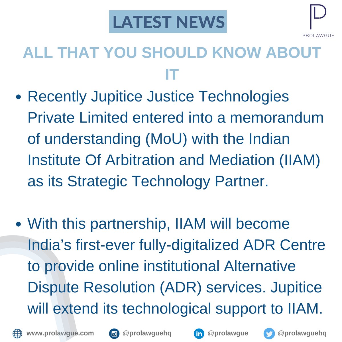 ProlawgueHQ's tweet photo. #LATEST #NEWS! 🔥
@IndianMediation (IIAM) has signed an MoU with @Jupitice to offer digitalised #ADR services. 💯
We've covered all that you'd need to know about it! 👇
Source: https://t.co/xUIsqOI7uj
#prolawgue #lawtwitter #legaltech #legaloperations #investment #onlinedispute https://t.co/ie50YJyiMr
