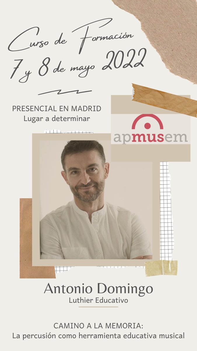 📢  APMUSEM organiza un nuevo #cursodeformación 

✨Camino a la memoria✨ La Percusión como herramienta para la Educación Musical, a cargo del gran Antonio Domingo, dirigido a docentes de música de Primaria y Secundaria y con la gran noticia de  modalidad presencial.