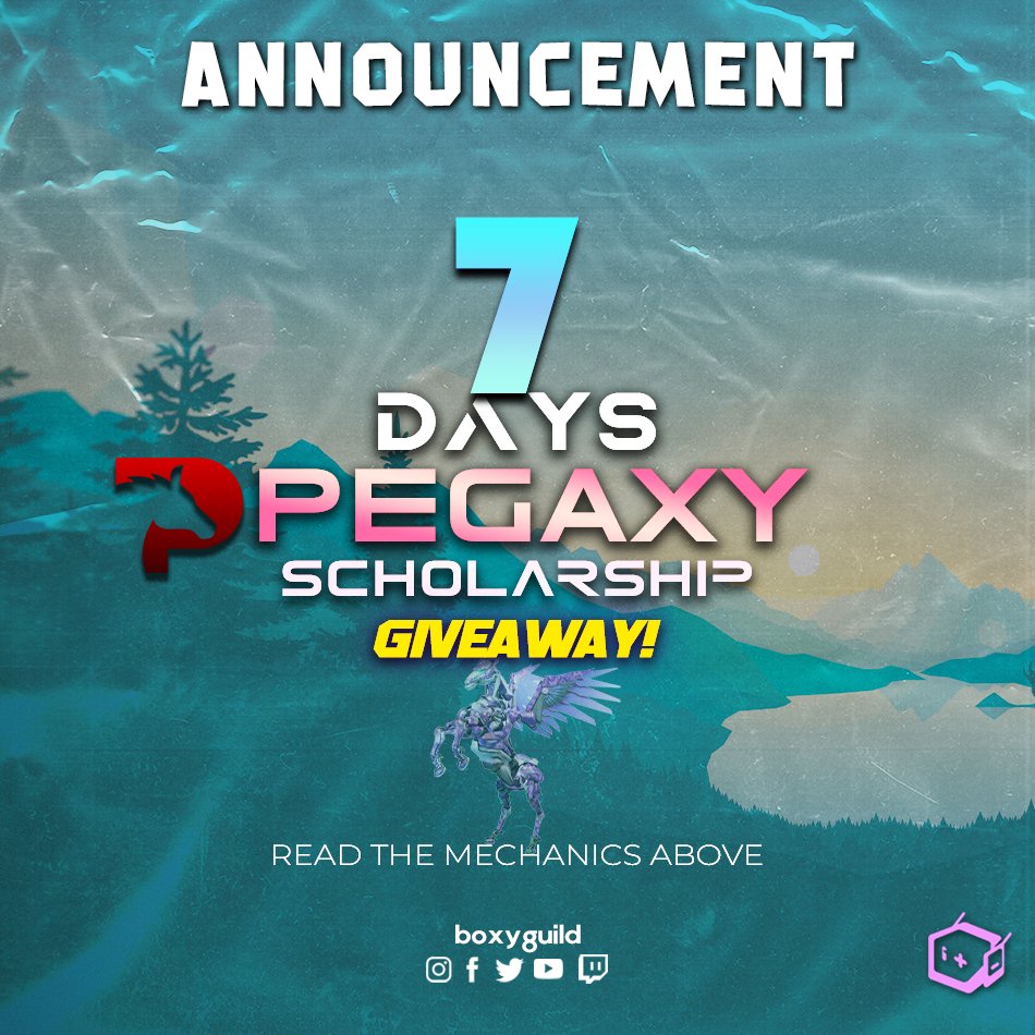 boxyguild's tweet photo. Attention: Pegaxy Scholarship Giveaway! 🐎

We are giving away a 50% 7-day scholarship.
Follow Mechanics below:
1) Like this tweet
2) Retweet
3) Comment and tag at least 2 friends
4) Follow us on twitter

Deadline will be tomorrow, March 15, 2022 7:00PM (PhST).

Good Luck! https://t.co/i3ThNfteLW