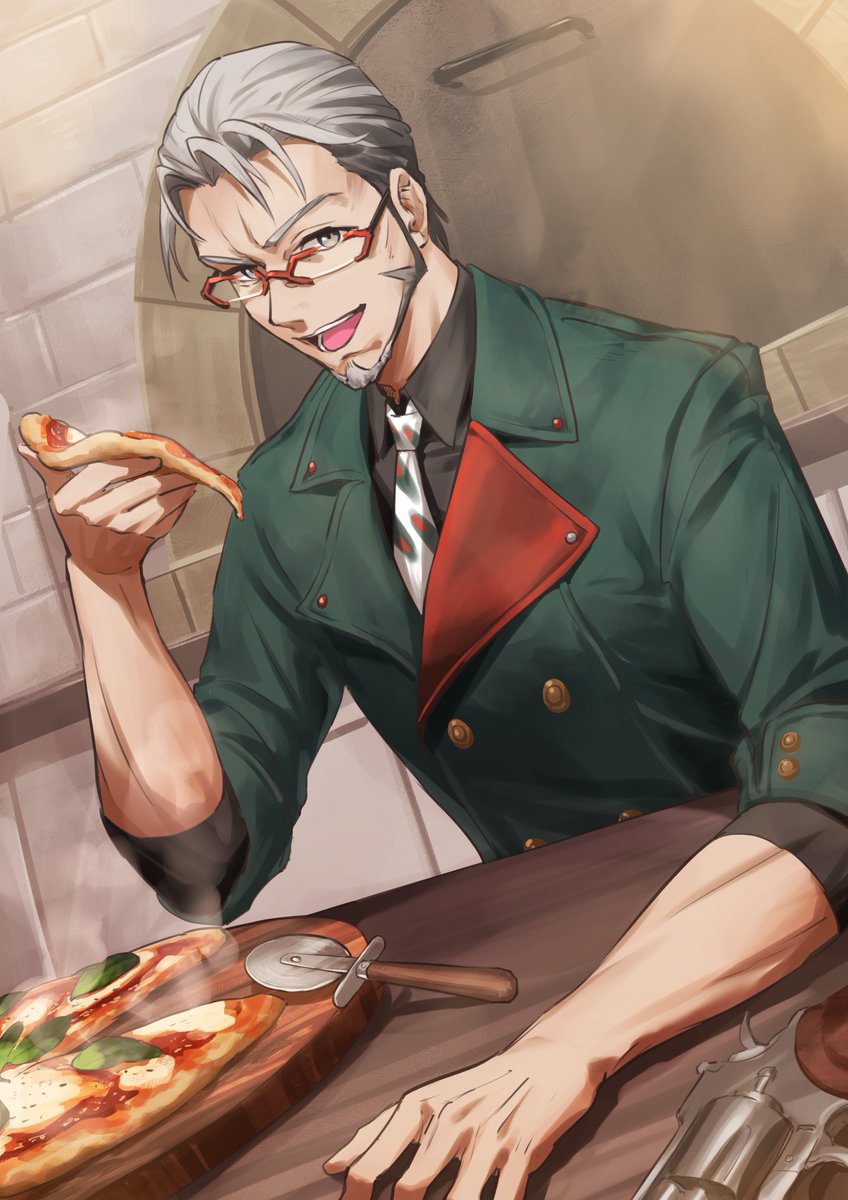 1boy pizza food male focus glasses grey hair facial hair  illustration images