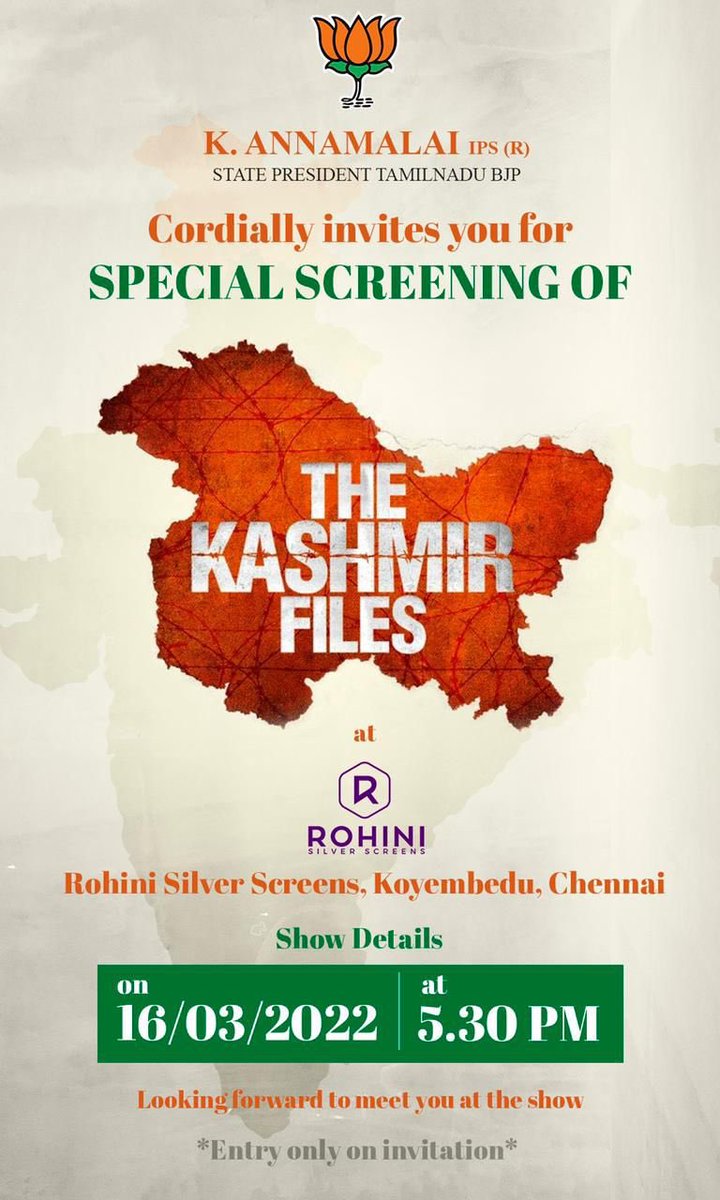 K.Annamalai (@annamalai_k) on Twitter photo .<a href="/BJP4TamilNadu/">BJP Tamilnadu</a> cordially invite’s all for the special screening of #KashmirFiles in Rohini Silver Screens, Chennai on 16th March at 5:30 pm
This important movie on one of the dark time in our nations history deserves our attention!
To reserve your seats:
+91 96001 19674 .<a href="/BJP4TamilNadu/">BJP Tamilnadu</a> cordially invite’s all for the special screening of #KashmirFiles in Rohini Silver Screens, Chennai on 16th March at 5:30 pm
This important movie on one of the dark time in our nations history deserves our attention!
To reserve your seats:
+91 96001 19674