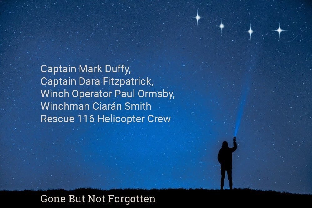 dfrun_ie's tweet photo. Five years today, we woke to news that four Irish Coast Guard Search and Rescue crew of #Rescue116 had set out on a mission and they never came home. Take a moment to remember their courage and service and their families and @IrishCoastGuard and #SAR family #GoneNeverForgotten https://t.co/Ic5PUKAW1a