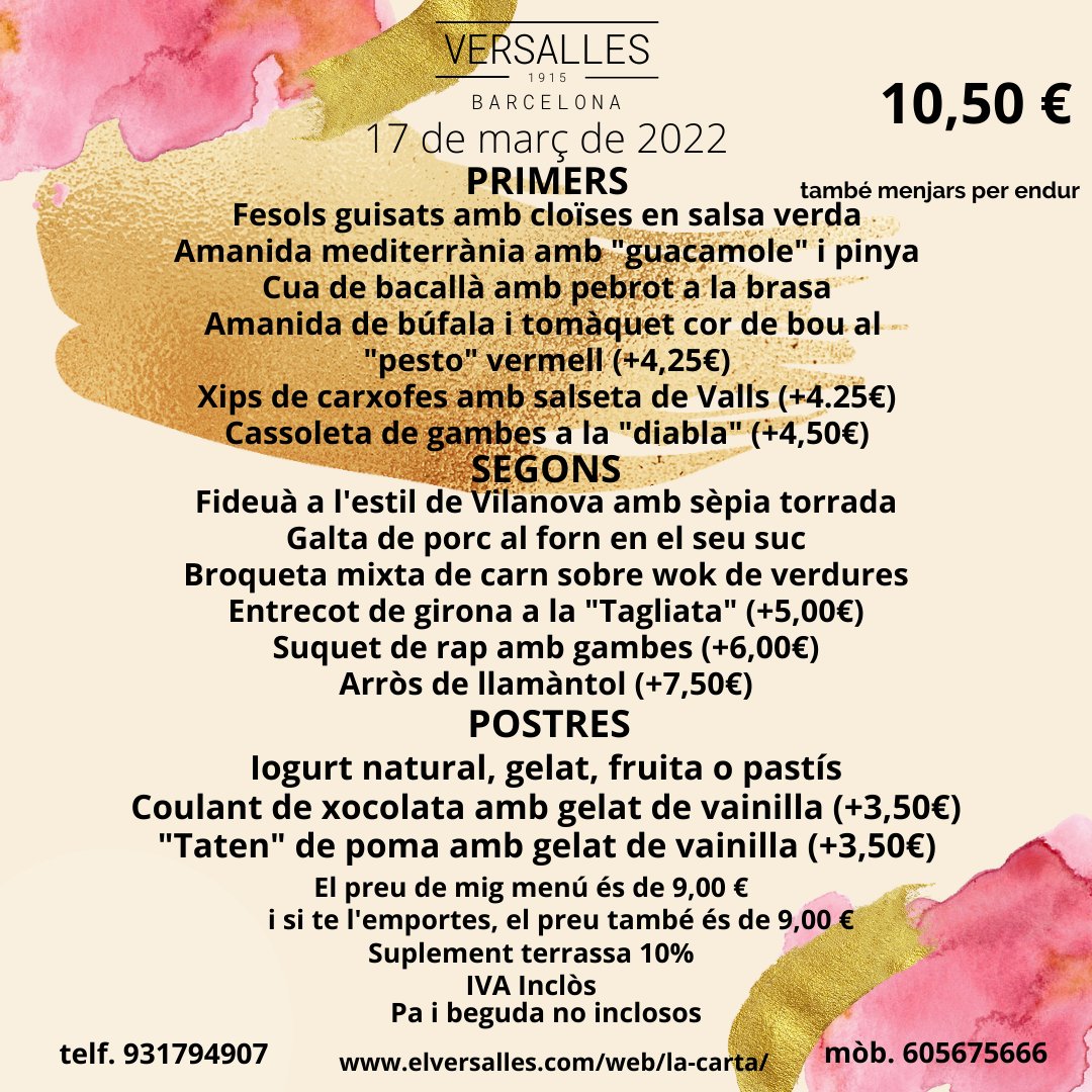 VersallesStAndr's tweet photo. Aquest és el nostre menú d'avui. Enamorats de la nostra feina.
#barversalles #foodversalles #food #foodporn
#menjarbeabarcelona #restaurant #qualityfood
#elversalles #gaudiuelversalles #menudeldia https://t.co/lcxJxFS9hW